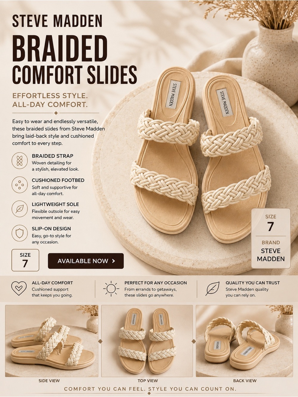 Steve Madden Beige Braided Double Strap Slide Sandals Size 7